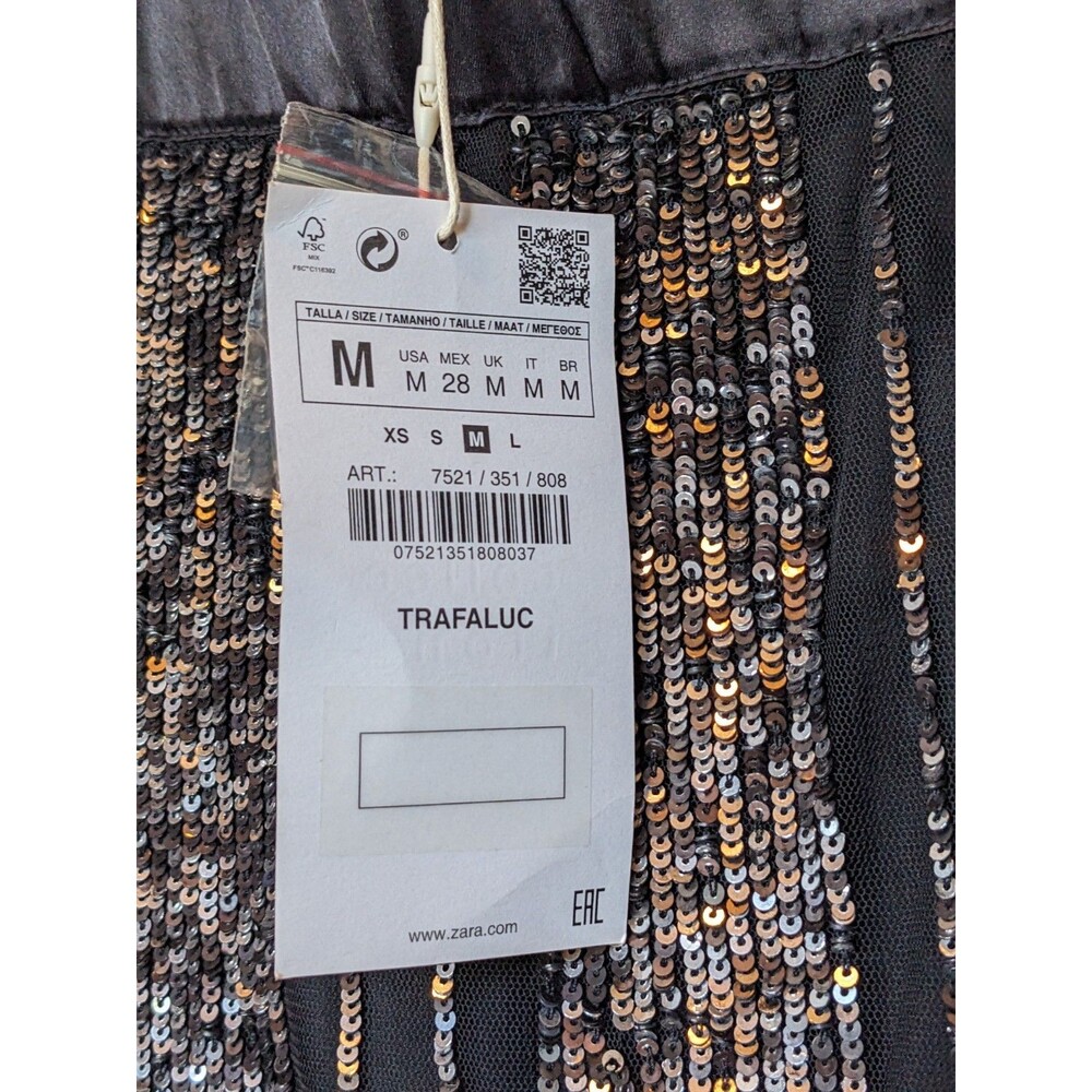 Zara Sequin Midi Skirt Black Silver Striped Asymmetric Ruffle Hem NWT M - Picture 6 of 10
